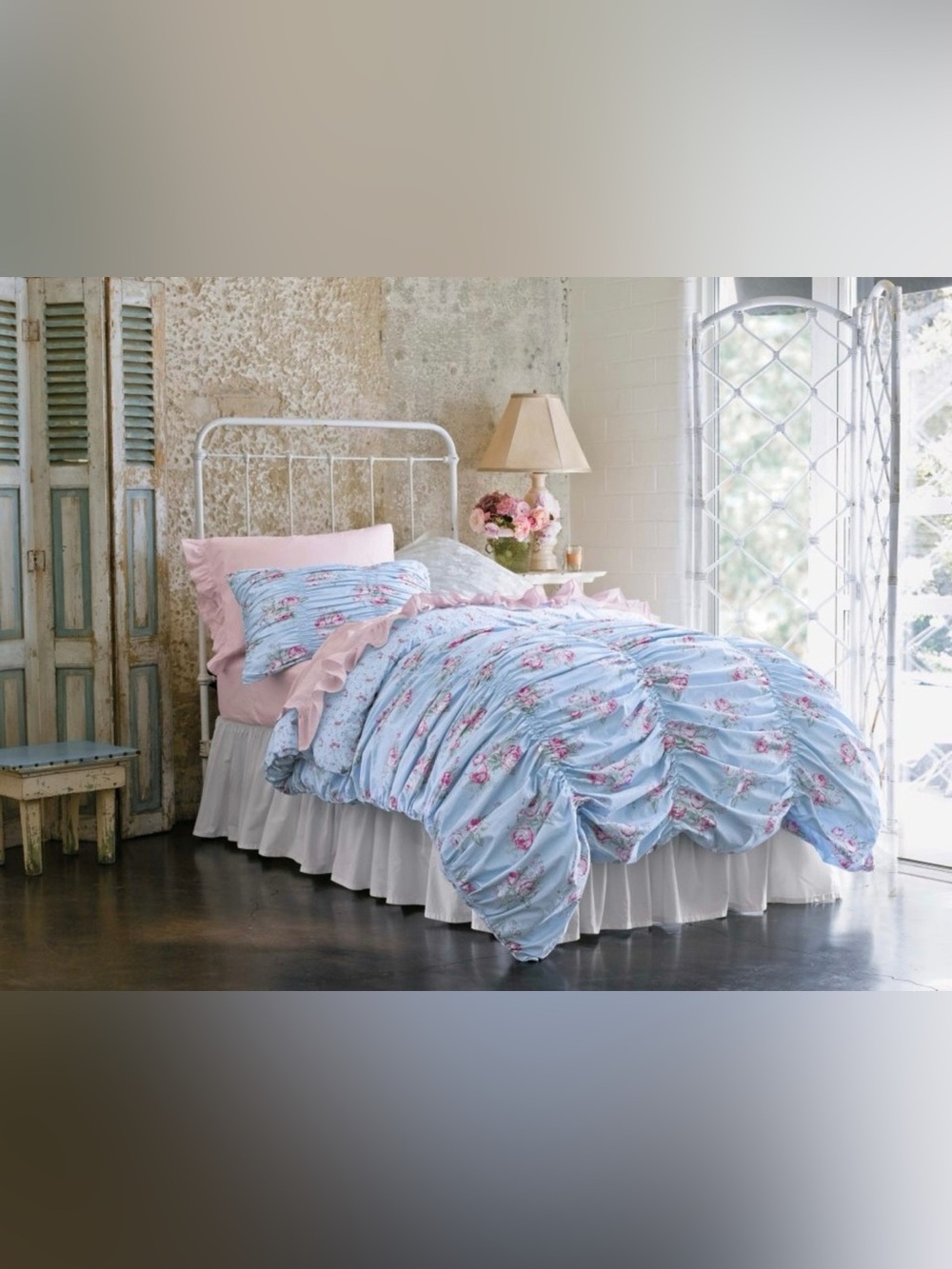 Simply Shabby Chic Rachel Ashwell Blue Pink CABBAGE ROSE Ruched Queen DUVET ONLY